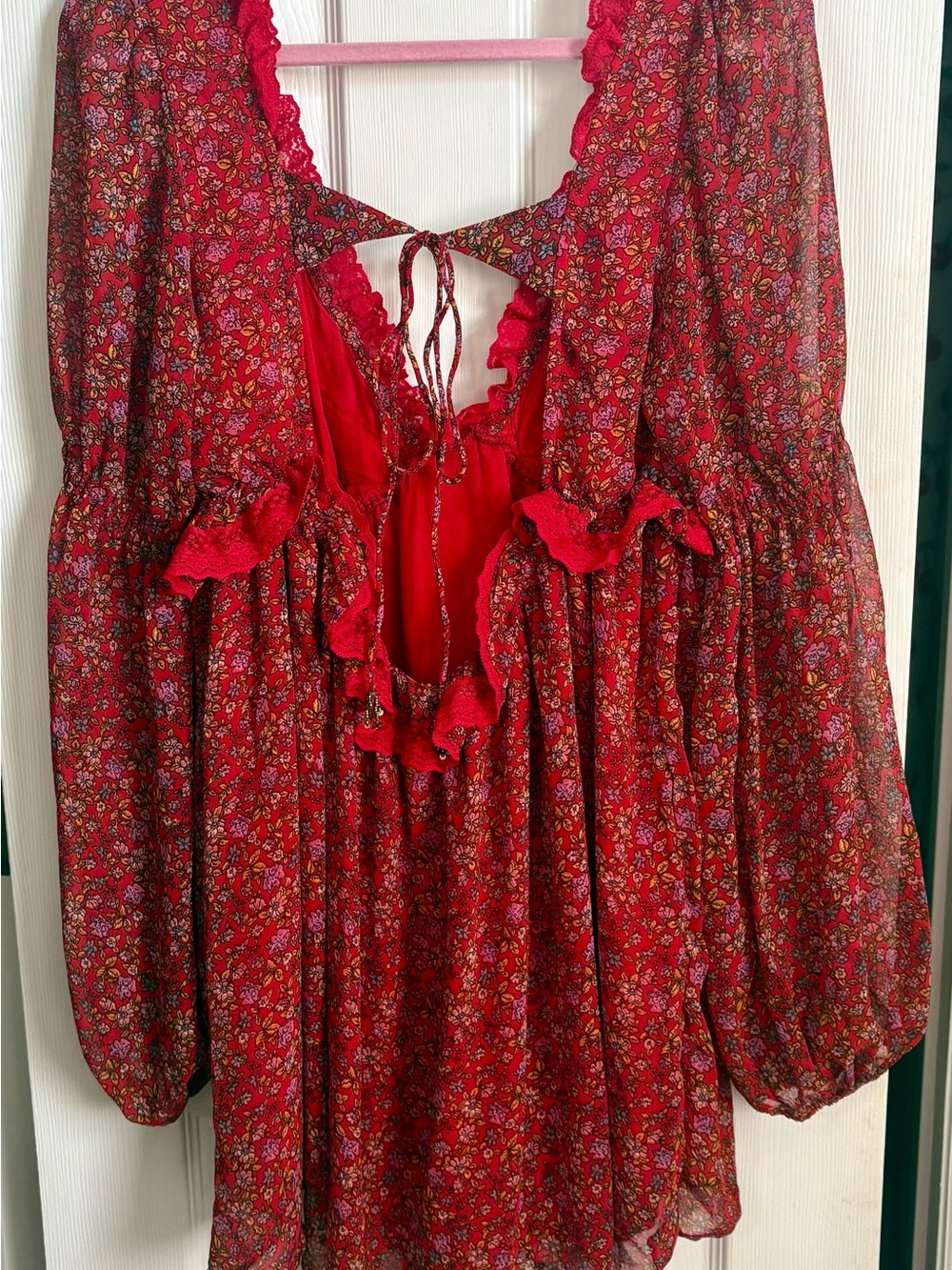 Free People Red Floral Ruffle Peasant Top/Dress - Picture 2 of 8
